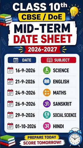 Class 10th CBSE/DoE Mid-Term Date Sheet 2026-27 | Complete Exam Schedule