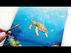 "Beneath the Light" underwater sea turtle painting with acrylic