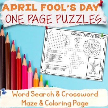 April Fools Day PLACEMAT Activities Puzzles Word Search Crossword Maze Worksheet