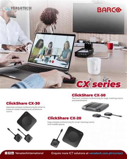 Experience smooth hybrid meetings and effortless wireless screen sharing with the Barco ClickShare CX-Series. A powerful wireless conferencing solution that brings simplicity and intelligence to every meeting room. With smart presence detection, touch interactivity, and annotation support, collaboration becomes more natural and efficient than ever. Why choose the Barco ClickShare CX-Series? A flexible, platform-agnostic solution for hybrid teams and video conferencing Easy, wireless collaboratio