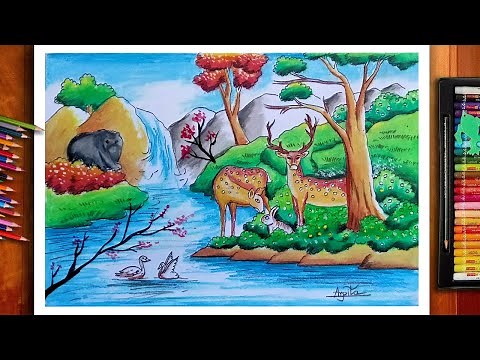 Forest Scenery Drawing Step By Step | Wildlife Drawing Easy | Forest Drawing With Animals