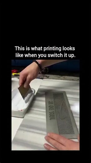E X P E R T E C E on Instagram: "The post features a 38-second video demonstrating screen printing of a Nike "Just Do It" logo on blue fabric, where switching the squeegee direction from horizontal to vertical creates a textured, honeycomb-like ink pattern for enhanced durability. Posted by Indonesian creator Gery Wajan Tipis on 8 February 2026, it amassed over 3 million views and 3,500 likes within hours, sparking Indonesian-language replies expressing surprise at the technique's simplicity. Th