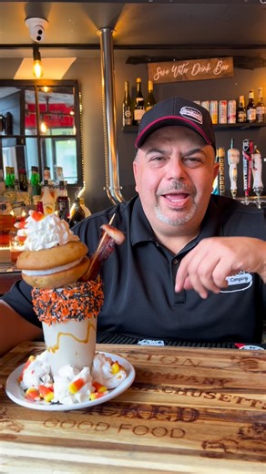 Fall called, and Paul answered 🎃☕️ Meet The Fall Guy: a pumpkin spiced coffee frappe topped with a pumpkin whoopie pie, pumpkin bacon, candy corn sprinkles. | Boston Burger Company