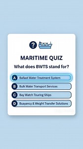 Challenge your knowledge on one of the most important maritime technologies! **Question:** What does BWTS stand for? A) Ballast Water Treatment System B) Bulk Water Transport Standard C) Ballast Water Testing Standards D) Biological Water Treatment Solution Drop your answer below! 👇 Reveal tomorrow. **Why This Matters:** Ballast Water Treatment Systems prevent the spread of invasive aquatic species across oceans. Ships take in ballast water for stability and discharge it at different ports, pot