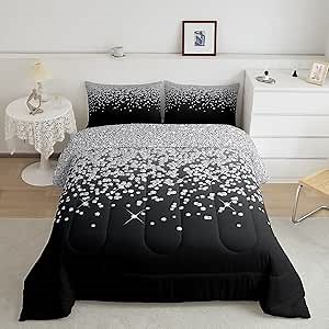 Feelyou Silver Glitter Print (No Glitter) Comforter Bling Party Decorations Bedding Set Diamond Black Comforter Set for Girls BedDuvet Set Quilt Set Queen Size
