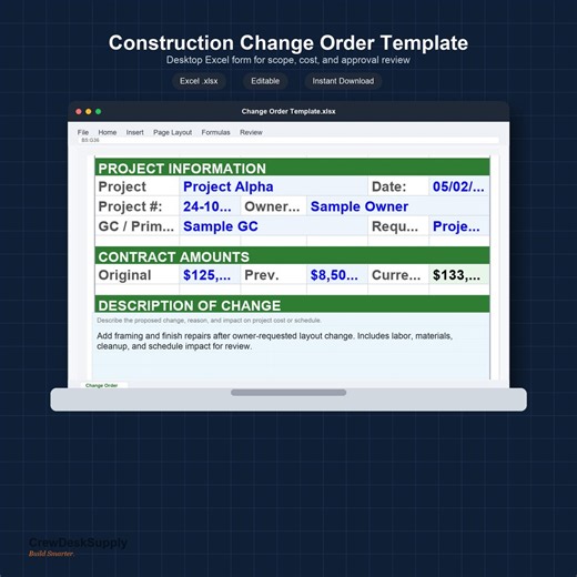 Construction Change Order Template, Editable Excel Form for Contractors and Subs - Etsy