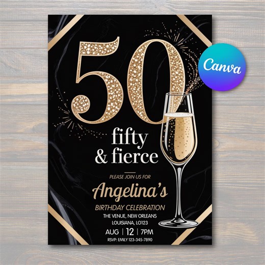 Editable 50th Birthday Invitation – Fifty & Fierce Gold Glitter Champagne Party Invite - Etsy