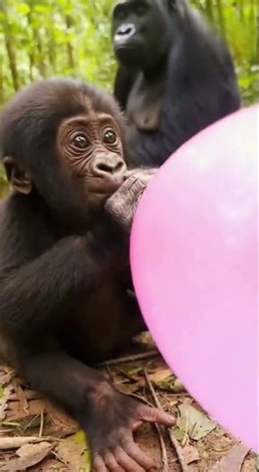 Baby gorilla 🦍 inflates balloon 🎈too much... the EXPLOSION 💥sends mom flying