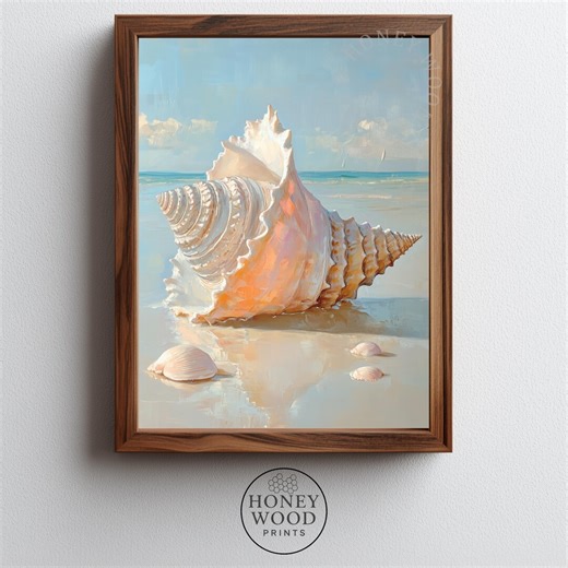 Conch Shell on Beach Print - Serene Beach Landscape, Nautical Seaside Decor, Bright Beach Scene, Calm Ocean Art Digital Download 635 - Etsy