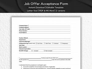 Job Offer Acceptance Form Editable and Printable Template | Editable and Printable Form | HR Template Form | HR Professionals and Recruiters - Etsy
