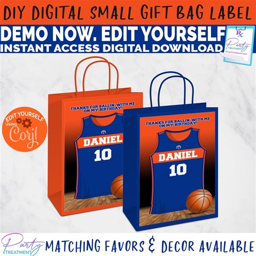 Basketball Birthday Gift Bag Label: Blue & Orange Favor Sticker (Digital Download)