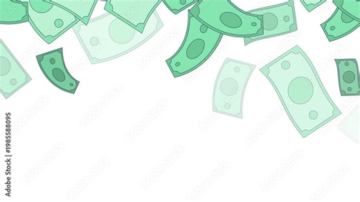 Paper money bills falling down top border video overlay. Banknotes. Animated upper edge frame with cascading elements. Motion graphics with transparent copy space. Decoration seamless animation