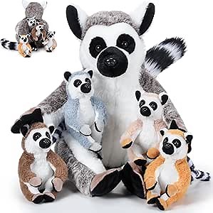 5 Pcs Lemur Stuffed Animal Set Mommy Lemur Plush with 4 Cute Babies in Her Tummy Soft Cuddly Plush Toys for Boys Girls Birthday Gifts Baby Shower Woodland Party Decor
