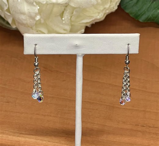 Sterling Silver Chainmaille Dangle Drop Earrings With Aurora Borealis Crystal Beads ~ Double Strand - Etsy