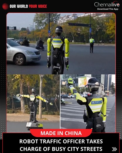 6.2K views · 11 reactions | China’s tech hub Hangzhou now has an AI traffic robot. Nicknamed Hangxing No. 1, the 1.8-metre humanoid stands at a busy Binjiang intersection, directing traffic, spotting violations, and issuing polite voice warnings. #news #China #robot #robotics #chennailive | Chennai Live | Facebook