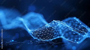 Abstract blue network visualization with intertwined lines and nodes representing data connections and technology innovation.