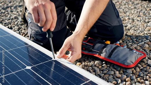 Close-up of technician's hands installing a solar panel using a screwdriver on a gravel rooftop.