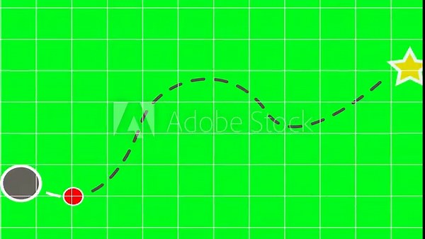 Precision map animation with GPS lines, marker movement, shaping a two location point travel path on green grid background