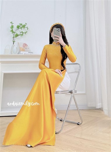 E Gold Ao Dài With Hand Beading Collar | Pre Made Ao Dai Vietnam| Women Long Dress| No Pants| Uniform Ao Dai| Valentino Silk| S-3XL - Etsy