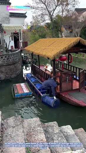 Floating Innovation: How Plastic Barrels Transform a Wooden Boat into a Stable Platform