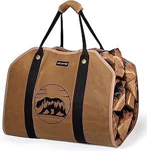 Large Firewood Carrier 39 x 18 inches Waxed Canvas Logs Carrier Tote Bag with Handles, Heavy Duty Wood Holder for Fireplace - Bear