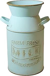 Galvanized Milk Can Antique Retro Vase Metal Planter Rustic Vintage Primitive Flower Holder Farmhouse Country Plant for Home Office Decor, 7.6” Blue-Green