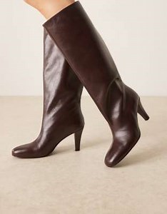 Mango 100% leather heeled knee high boots in cherry red | ASOS