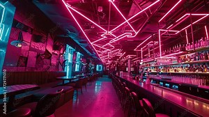 The ceiling is covered in a neon geometric pattern casting a unique glow over the entire bar.