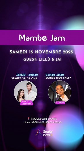 Prochaine Mambo Jam ce samedi 15 novembre aux côtés de @jaisheffield @lillubrt @issam_bouch P̲R̲O̲G̲R̲A̲M̲M̲E̲ ✨ 𝗦𝗧𝗔𝗚𝗘𝗦 𝗗𝗘 𝗦𝗔𝗟𝗦𝗔 𝗡𝗬/𝗢𝗻𝟮 avec Jai & Lillù de Angoulême (niveau inter et ) 18h30 – 19h30 : Lady & Men Styling 19h30 – 20h30: Crazy moves for social dancing ✨ 𝗦𝗢𝗜𝗥𝗘𝗘 100% 𝗦𝗔𝗟𝗦𝗔 21h30 – 1h30 : Soirée 100 % Salsa avec DJ Bouch Entre la fin des stages et la soirée, la salle reste ouverte et tu peux rester sur place avec nous ! TARIF 1 stage soirée : 20€ (adhérent