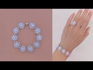 “Snow Crystal” Beaded Bracelet and Beaded Ring with Crystal Bicones and Pearls. Beading Tutorial.