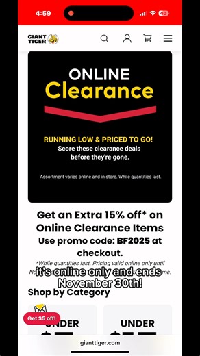 Giant Tiger on Instagram: "🎉 Our Online Black Friday Deal is HERE! 🎉 Save an extra 15% on online clearance items — but hurry, it’s online only and ends November 30th at 11:59PM EDT! Use promo code BF2025 at checkout and score even bigger savings on already low prices. 🛍️ 👉 Shop Now www.gianttiger.com"