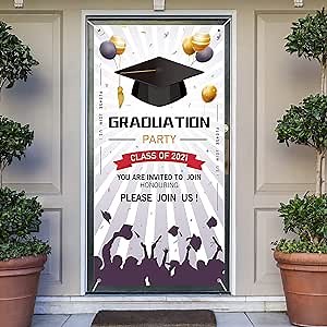 Crenics Graduations Banner Decorations 2021, Large Fabric Graduation Sign Door Cover Banner, Graduation Backdrop Banner for Front Door Wall Grad Party Decoration（Purple & White）