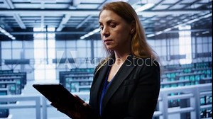 Admin in server room checks recovery plan on tablet, monitoring equipment energy consumption. IT professional uses notebook in data center workplace, ensuring rigs are functioning optimally, camera B