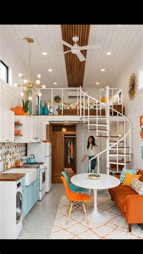 Colorful Retro Tiny House Design with Spiral Staircase | Vibrant Mid-Century Modern Loft Home
