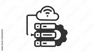 Animated database with cloud computing and gearwheel icon design for technology companies. Suitable for website, engineering, network, connection, internet, server, big data and digital marketing