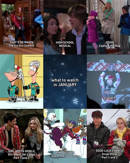 It’s cold outside so let’s stay inside and watch some tv 🎥That’s So Raven, High School Musical, Kim Possible, Phineas and Ferb, Cloud 9, Girl Meets World, Good Luck Charlie, Jessie