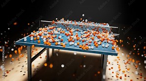 Animation of a huge amount of ping pong balls falling down on a table and floor.