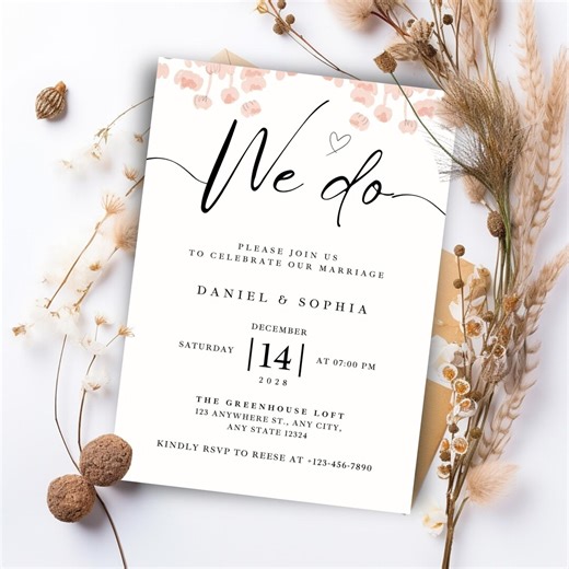 We Do Wedding Invitation, Modern Script Wedding Invite, Editable Canva Digital Wedding Invitation, Minimal Floral Electronic Invite - Etsy