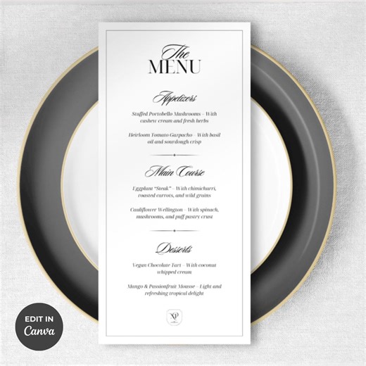 Wedding Menu With Name Card Canva Template | Editable Classic Black and White Menu Set - Etsy