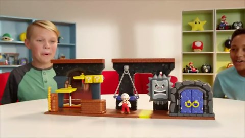 Nintendo Super Mario Dungeon Deluxe Play Set, Includes: 2.5” Fire Mario Figure & 7 Interactive Environmentpiece Moving Platforms & Thwomp, Spinning Fire Balls, Hidden Coin, Swing, & Door