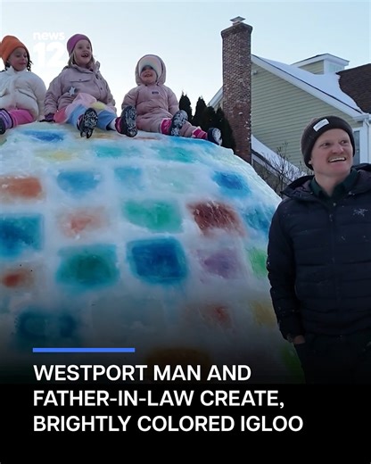 ICE HOUSE: With the help of his father-in-law, Lloyd constructed a massive igloo in the front yard of a Westport home. The family mixed food coloring with water and froze dozens of trays to create the building blocks. https://tinyurl.com/bed5m7pn | News 12 Connecticut