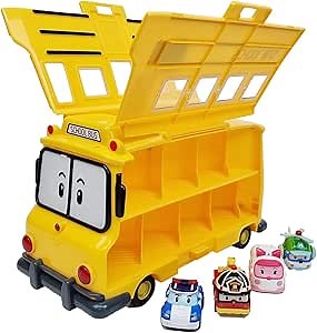 Robocar Poli Toys, [School Bus Carrier + 4 Die-Cast Metal Toy Cars/Poli, Roy, Amber, Helly] Vehicle Storage Transporter Playset, Kids Toys for Ages 3 and up