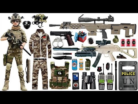 Open box toy set, including MP5K submachine gun, M4 carbine gun, timed bomb, grenade, handgun