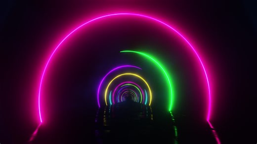 Flying under colorful neon arches. Infinitely looped animation. | Premium Stock Video Footage