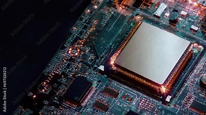 A computer processor with millions of connections and signals. Technology cpu background. Pulses and signals from the chip propagate through the motherboard.