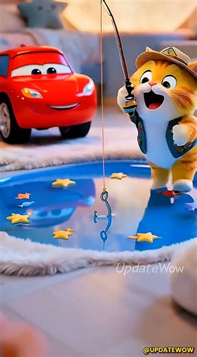 The Lightning McQueen Robot & Ginger Cat Animated Fishing Monster Elmo Animation #mcqueen