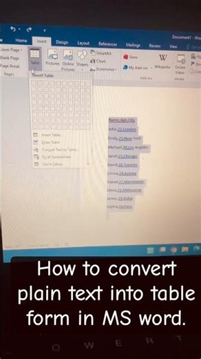 How to convert plain text into table form in ms word.