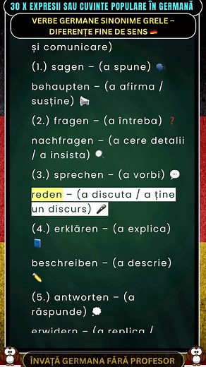 13K views · 427 reactions |  30 x Verbe germane sinonime grele – diferențe fine de sens . Aceste verbe sunt sinonime doar parțial — sensul lor diferă prin intensitate, context sau registru.Lista te ajută să le folosești natural ca un vorbitor nativ. #VerbeGermană #SinonimeGermană #GermanăUșor #FrazeGermană #DeutschLernen | Învață Germană fără Profesor | Facebook