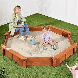 Best Choice Products Large Outdoor Octagon Wooden Sand Box for Kids, Sandbox with Cover, 4 Reinforced Benches Support up to 220 lbs Each, Bottom Liner for Drainage - Brown