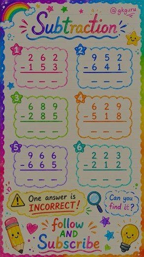 ➖ Subtraction Challenge for Kids | One Answer is Incorrect! 🤔 | Fun Math Worksheet#gkguru